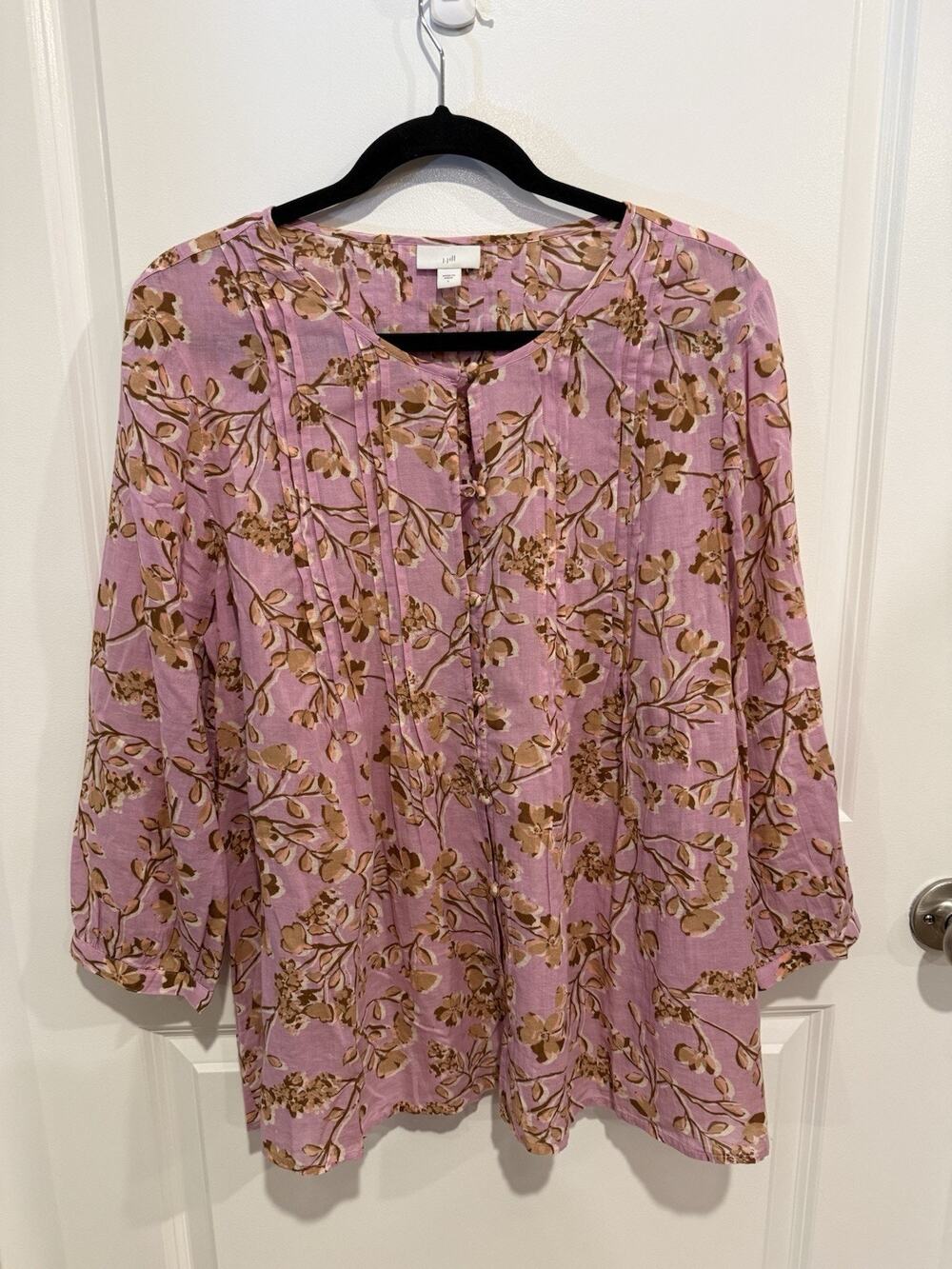 Womens J Jill Pink & Brown Floral Cotton Lightweight Top Sz Large Loose Fit